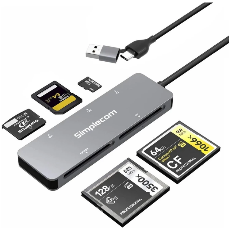 Simplecom USB 3.0 and USB-C multi-card reader (Micro/SD/XD/CF/CFast)