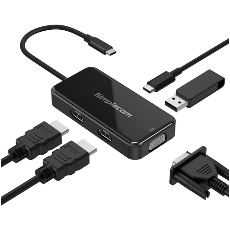 Simplecom DA451 USB 3 Type C to Dual HDMI, VGA and USB-C/A ports with power delivery