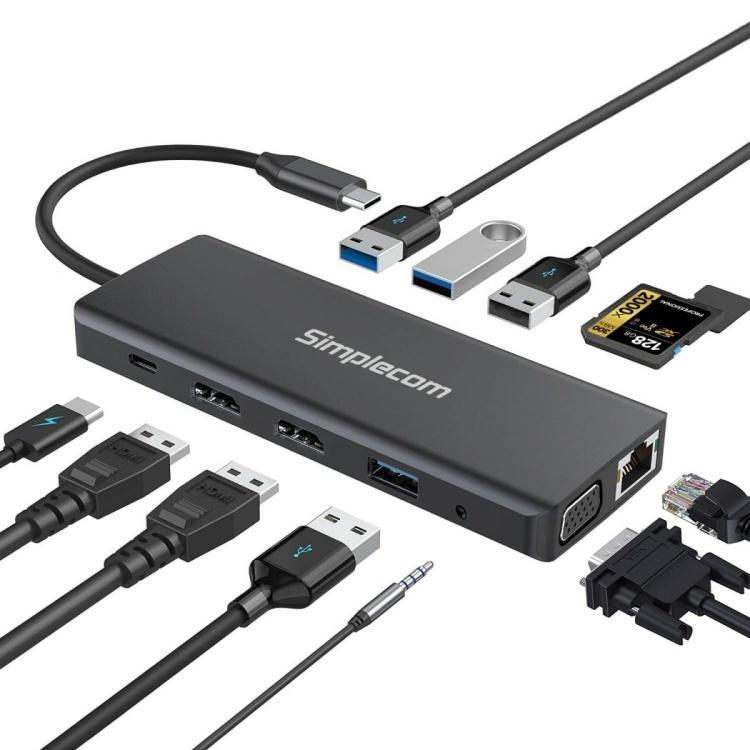 Simplecom CH612 USB 3 Type C to Dual HDMI, VGA, Ethernet and USB-C/A ports with power delivery