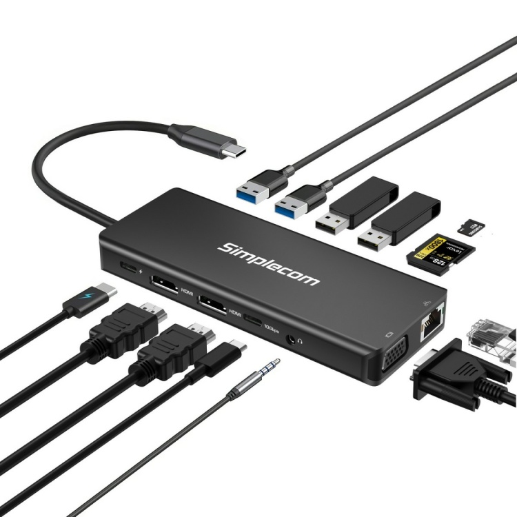 Simplecom CHN613 USB 3 Type C to Dual HDMI, VGA, Ethernet and USB-C/A ports with power delivery