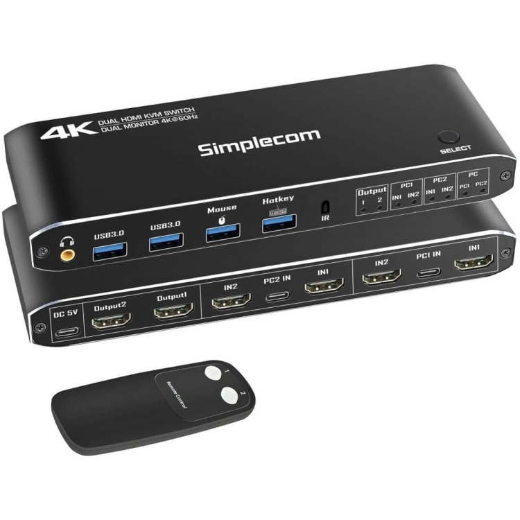 Simplecom KM430 Dual Display KVM for 2 Computers with 4 Port USB Switch