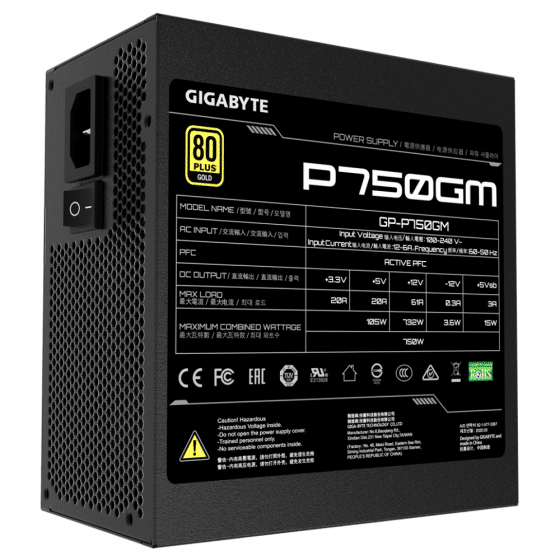Gigabyte P750GM 750W Gold Rated Power Supply, Fully Modular (80 Plus)